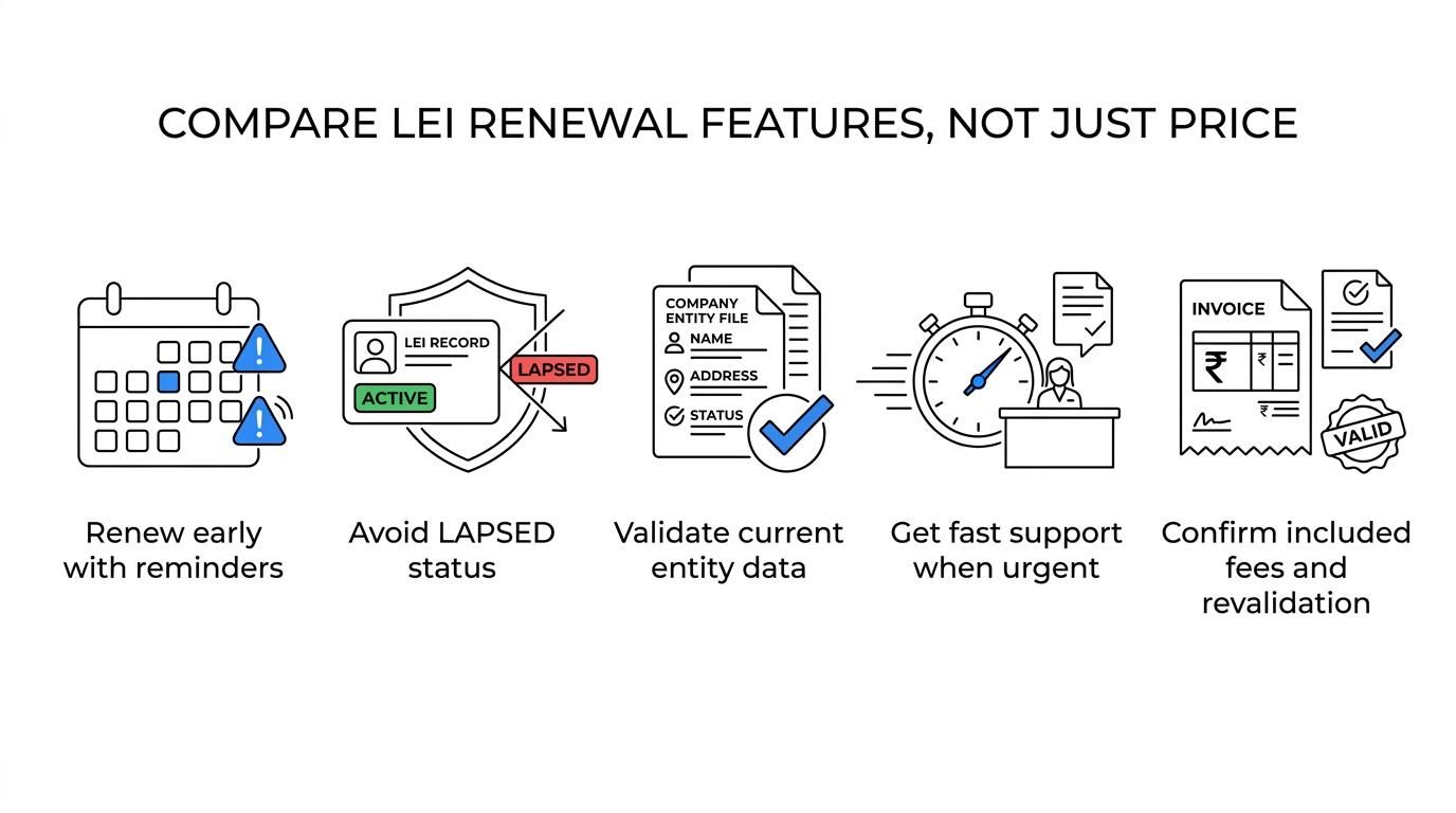 A visual grouping seven LEI renewal comparison features for Indian firms: timing, lapse handling, validation support, turnaround speed, pricing clarity, annual revalidation, and renewal flexibility.
