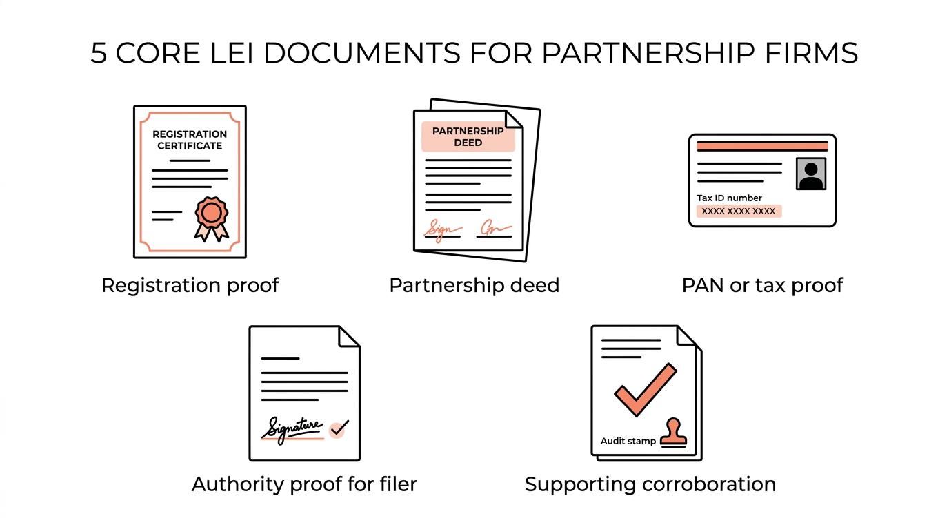 Checklist showing five LEI document types for an Indian partnership firm: registration proof, partnership deed, PAN proof, authority proof, and supporting corroboration.