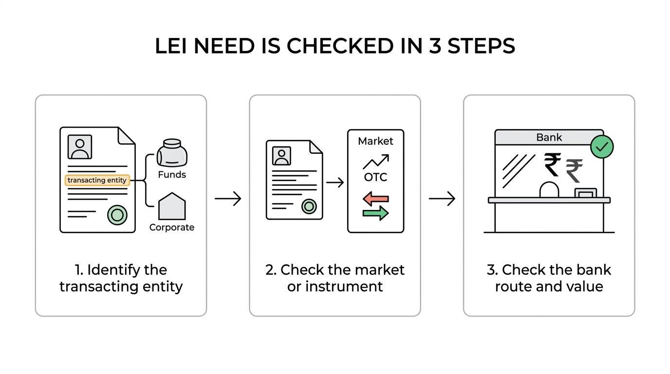 Three-step flowchart showing how a foreign investor checks whether an India transaction requires an LEI by testing entity type, market type, and banking route or transaction value.