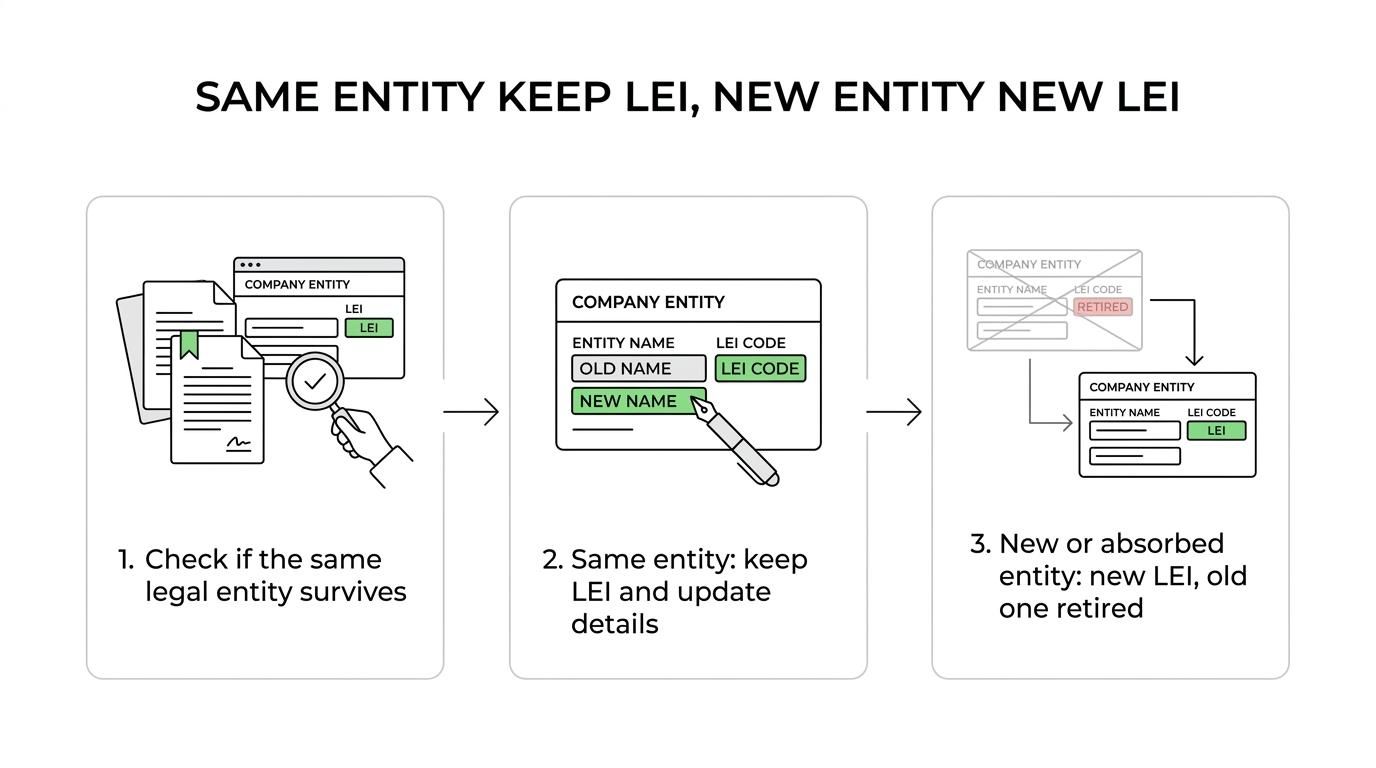 Flowchart showing how a name change, merger, or new entity leads to keeping, updating, retiring, or replacing an LEI.