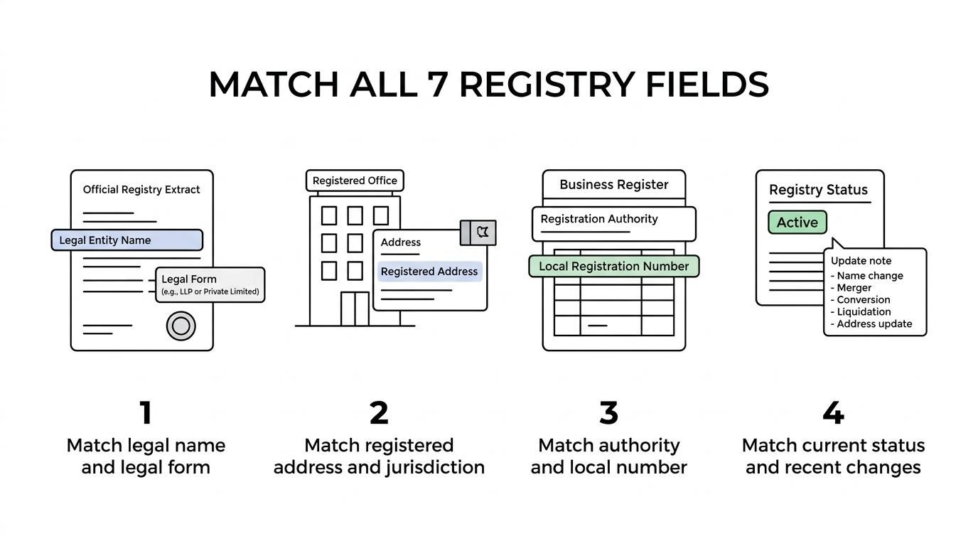 Checklist of seven LEI application fields that must match the official registry: legal name, registered address, registration authority, local registration number, legal form, jurisdiction, and entity status.