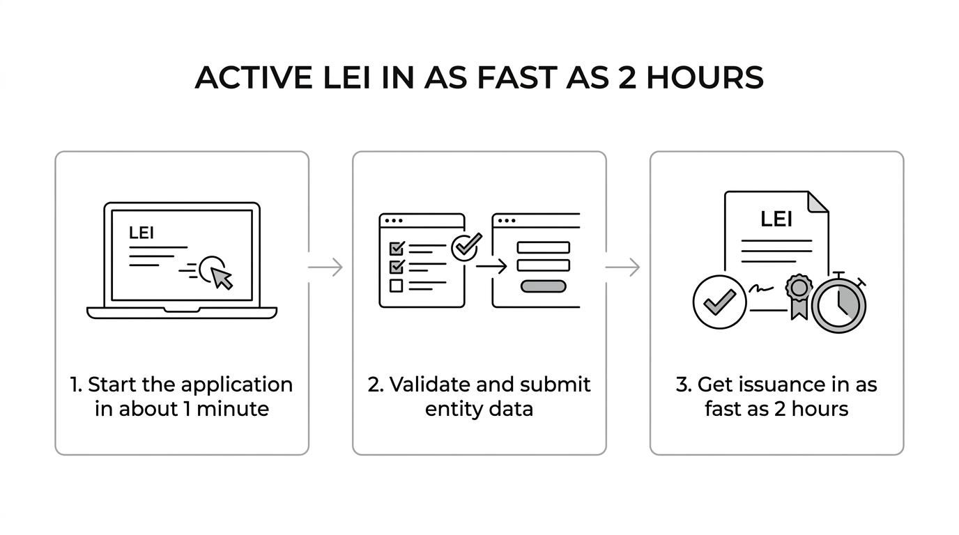 A step-by-step workflow showing a bank LEI request, a 1-minute application, entity data validation, submission through an accredited LOU, and express LEI issuance in as fast as 2 hours.