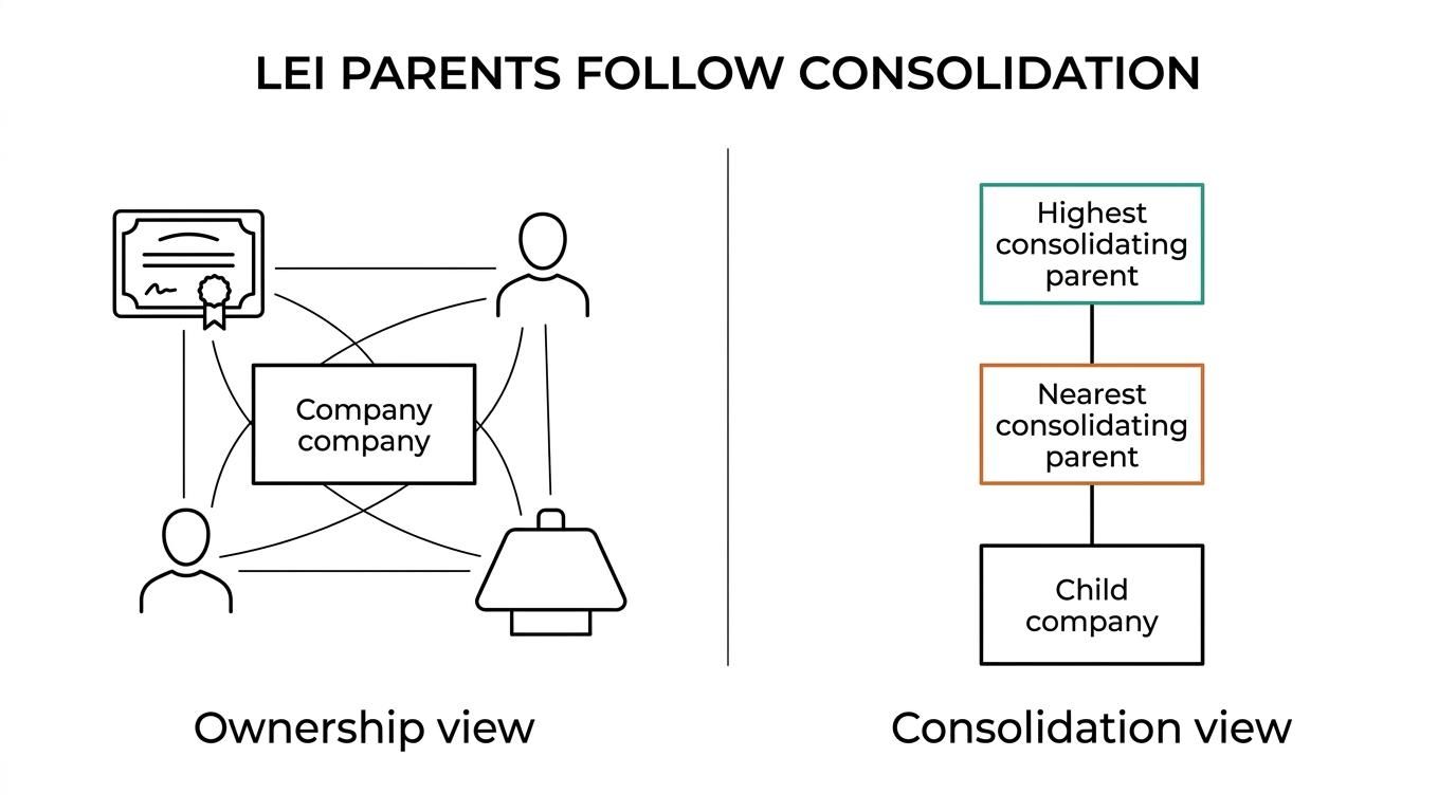 Comparison showing Company A consolidated by Company B as the direct parent and by Company C as the ultimate parent.