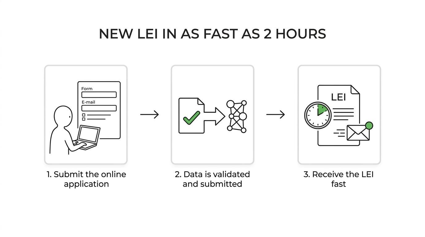 A simple LEI application timeline showing application, validation, and issuance with fast turnaround times for Indian entities.