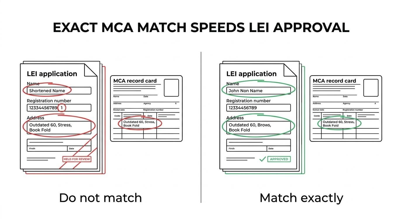 Side-by-side comparison of an LEI application that matches MCA records exactly versus one with mismatched details that triggers manual review and delays.