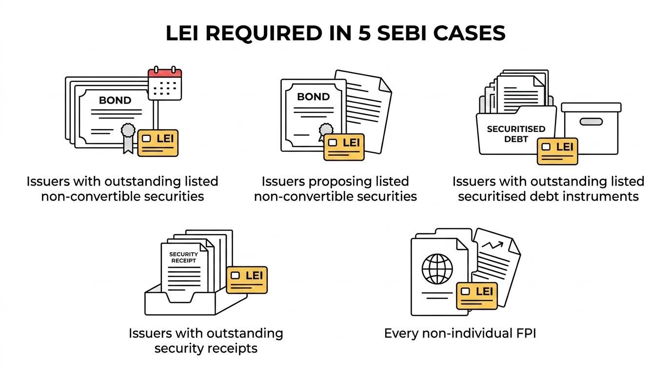 Five labeled panels showing the SEBI-linked cases where an LEI is required in India.