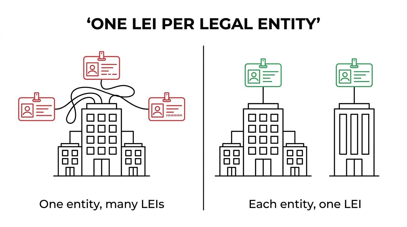 Side-by-side comparison showing business changes that keep the same LEI versus legally separate entities that may need their own LEIs.