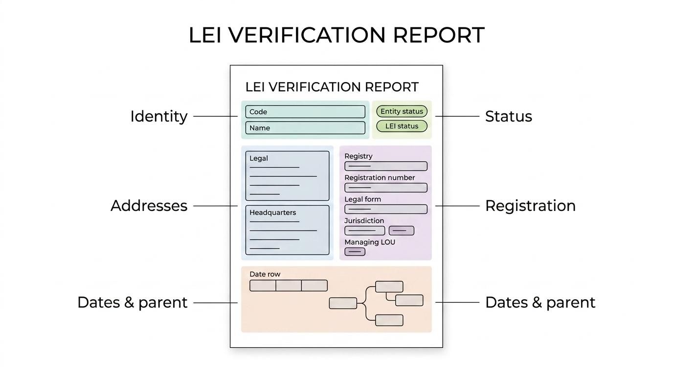An annotated LEI verification report showing legal name, LEI status, addresses, registration details, and parent data.