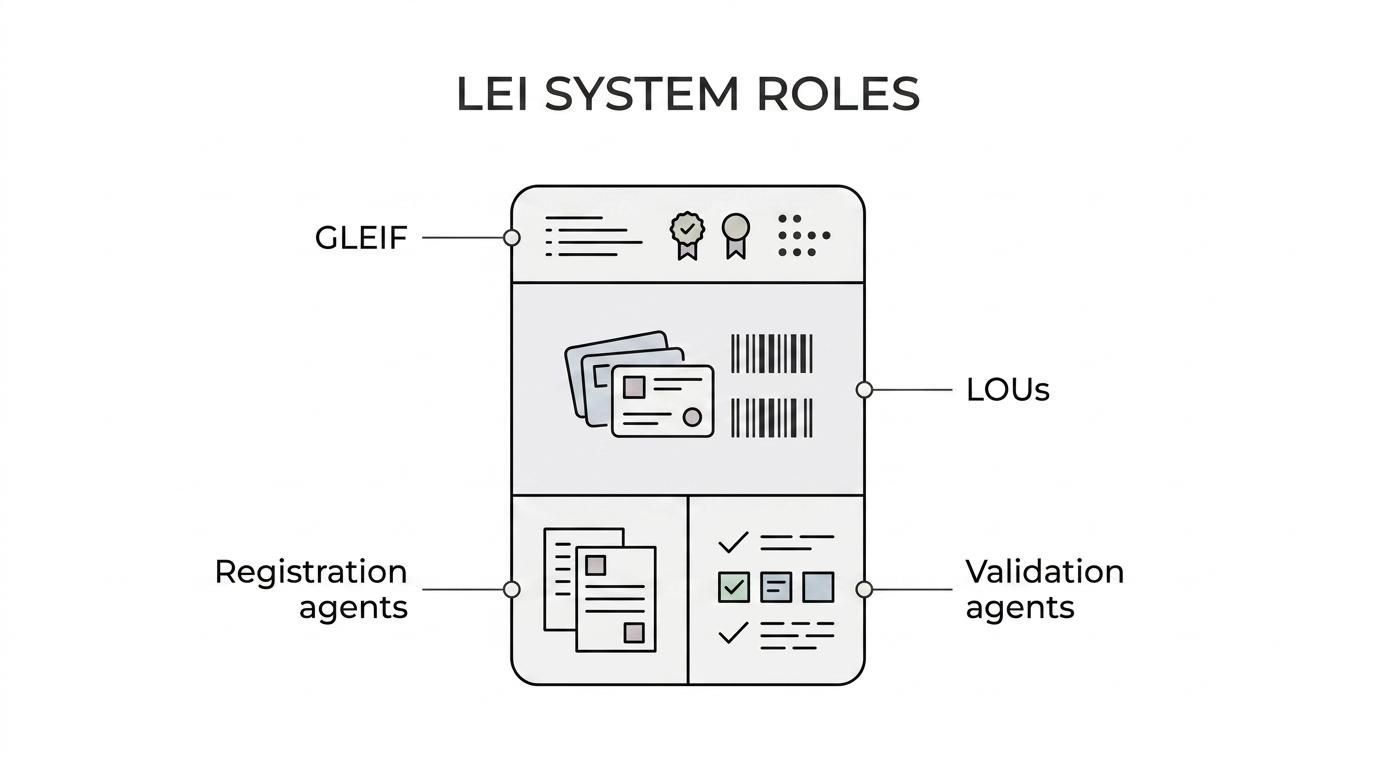 Diagram of the Global LEI System showing ROC oversight, GLEIF at the centre, LOUs issuing LEIs, and registration and validation agents supporting the process.