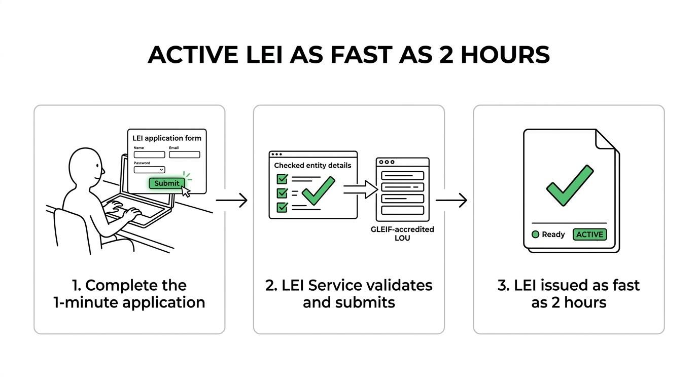 A simple workflow showing an HFC submitting LEI details, data validation, accredited LOU submission, fast LEI issuance, and yearly renewal.