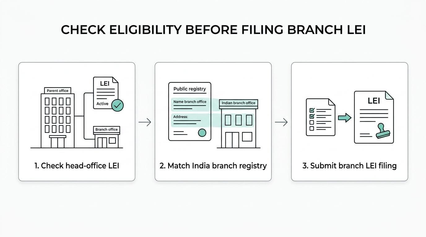 Flowchart showing the branch LEI process for India: confirm head-office LEI, verify Indian branch registry entry, validate branch details, submit to an accredited LOU, and receive, renew, or transfer the LEI.