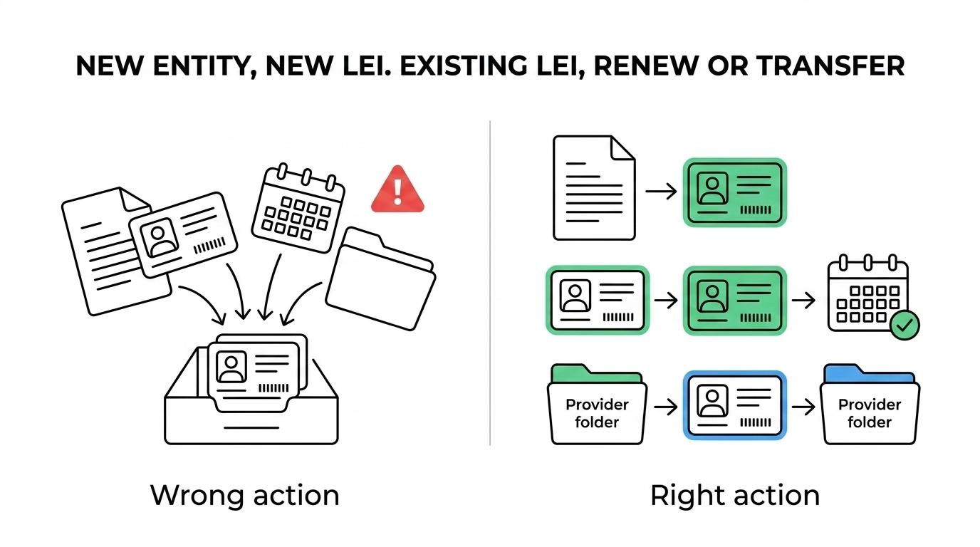 Side-by-side comparison of new LEI, renewal, and transfer showing when to use each and whether the LEI code changes.