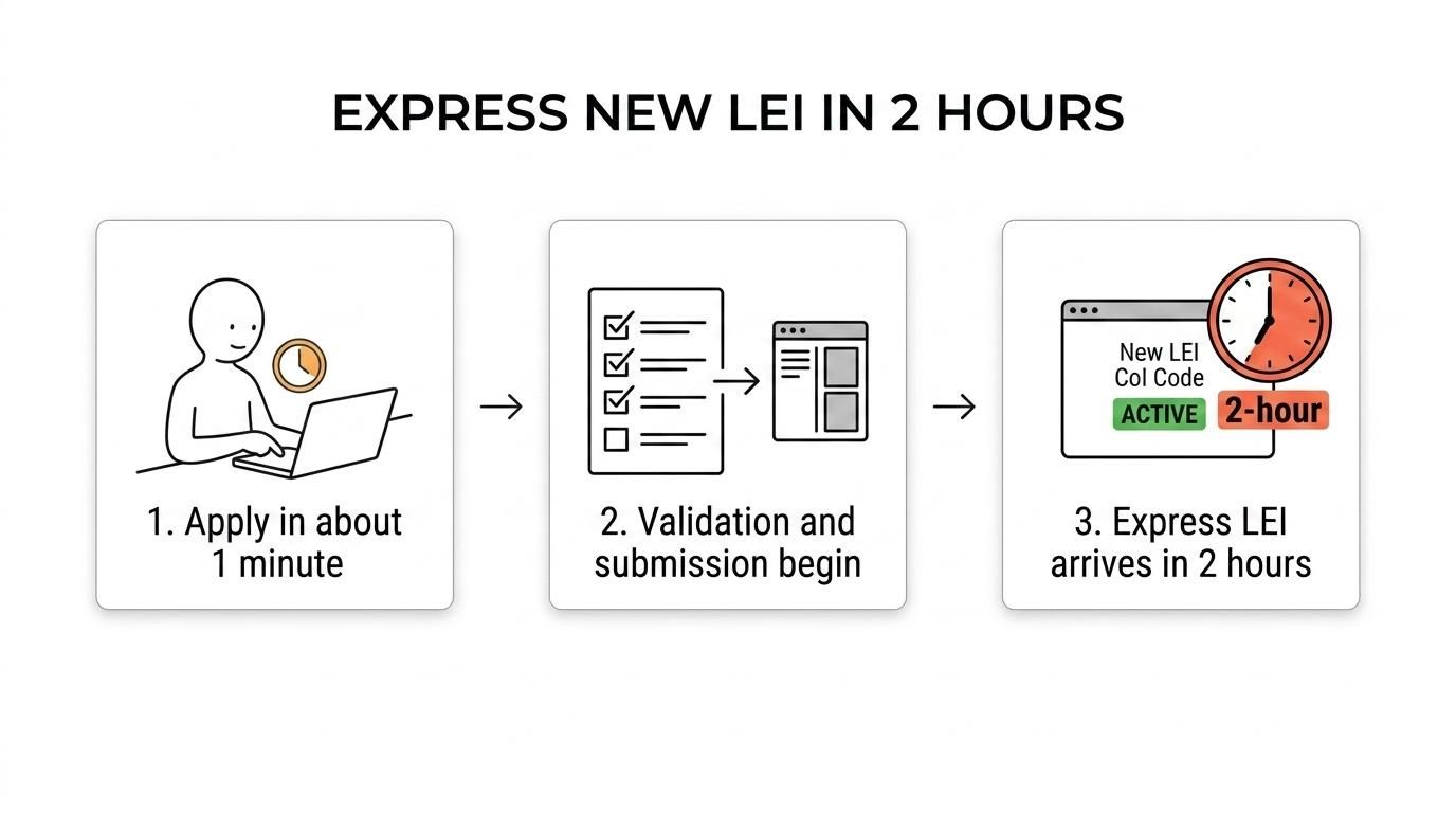 A step-by-step timeline showing LEI application in about 1 minute, validation in 1 to 48 hours, and express new issuance within 2 hours for eligible orders placed before 19:00.