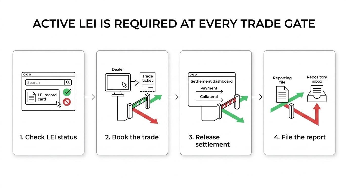 Flow showing a legally active company moving through onboarding, trade execution, settlement, and reporting, with LEI status checks that stop the process when the code is lapsed.