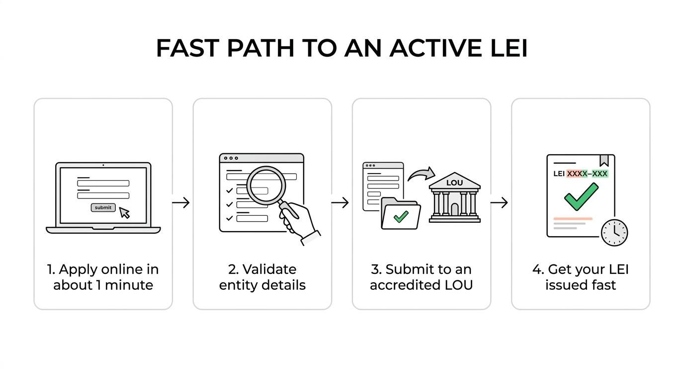 Flow showing a short online application, validation, submission to an accredited LOU, and LEI issuance for an Indian REIT or InvIT.