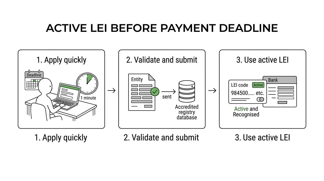 A step-by-step flow showing a ₹50 crore or above NEFT or RTGS payment requirement, LEI application with LEI Service, validation and submission to accredited LOUs, fast issuance, and ongoing renewal.