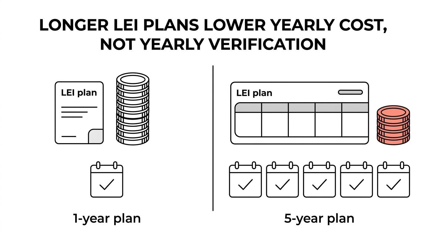 Side-by-side comparison of 1-year, 3-year, and 5-year LEI plans in India showing total price, annualized cost, and the need for annual verification.