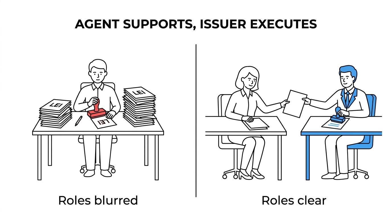 Side-by-side comparison of a Registration Agent and an LEI Issuer in an LEI transfer, showing support tasks on one side and issuer responsibility and execution on the other.