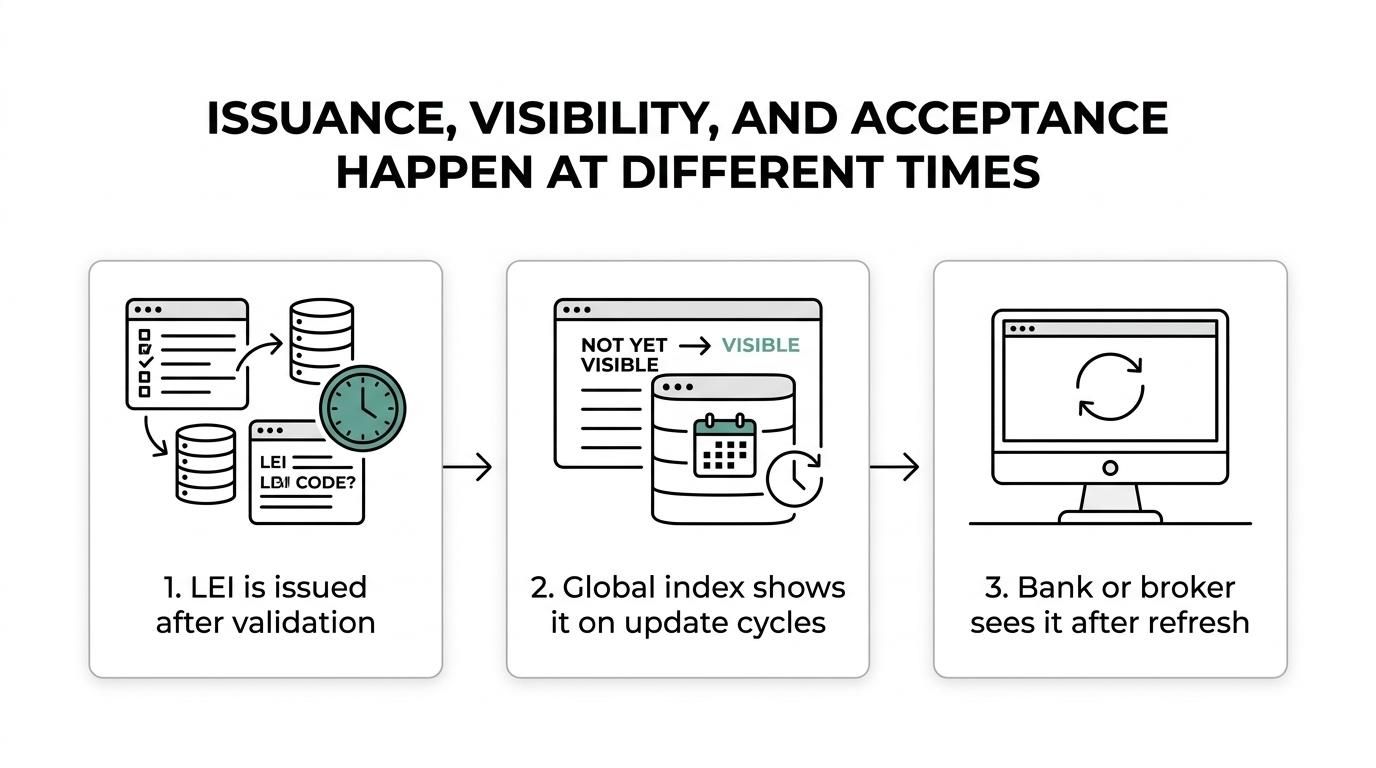 Timeline showing LEI application, validation, LOU issuance, Global LEI Index update windows, and later bank or broker system refresh.