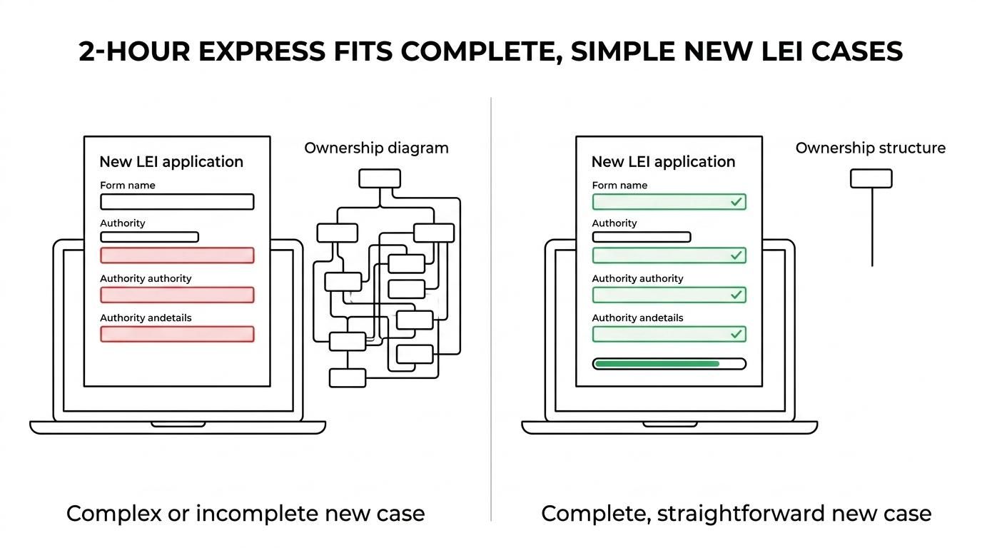 Comparison of a complete straightforward new LEI application eligible for fast 2-hour processing versus a complex or incomplete case that needs longer review.