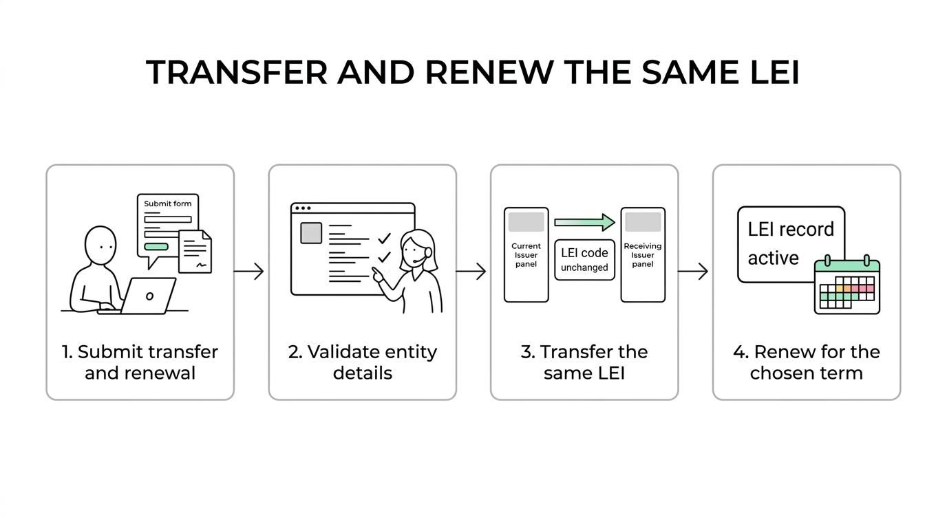 Four-step flow showing LEI transfer request, validation, issuer transfer, and renewal with an expected 7-business-day timeline.