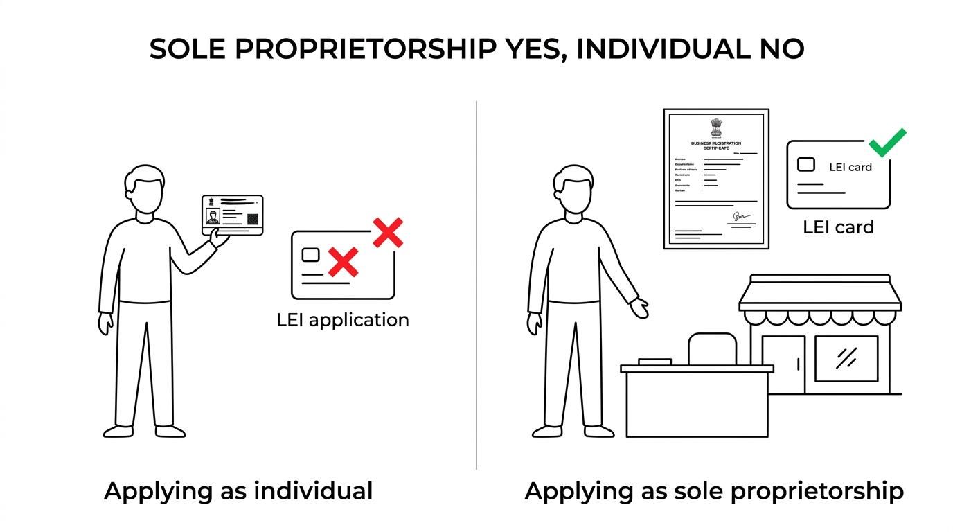 Side-by-side comparison showing an individual acting personally as not eligible for an LEI and an Indian sole proprietorship as eligible under a separate entity category.