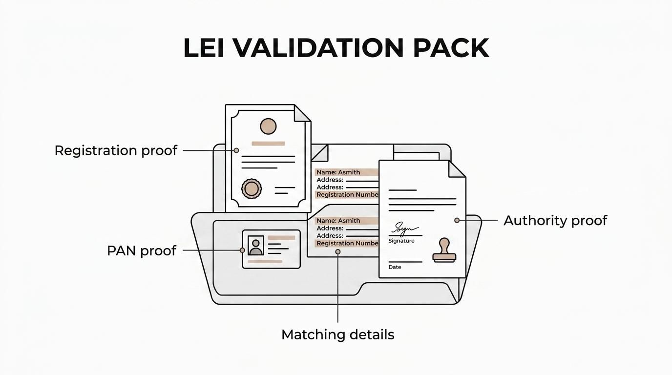 A labeled breakdown of an Indian LEI application pack showing incorporation proof, PAN, registration authority details, authorised signatory documents, financial statements, and matching entity data.