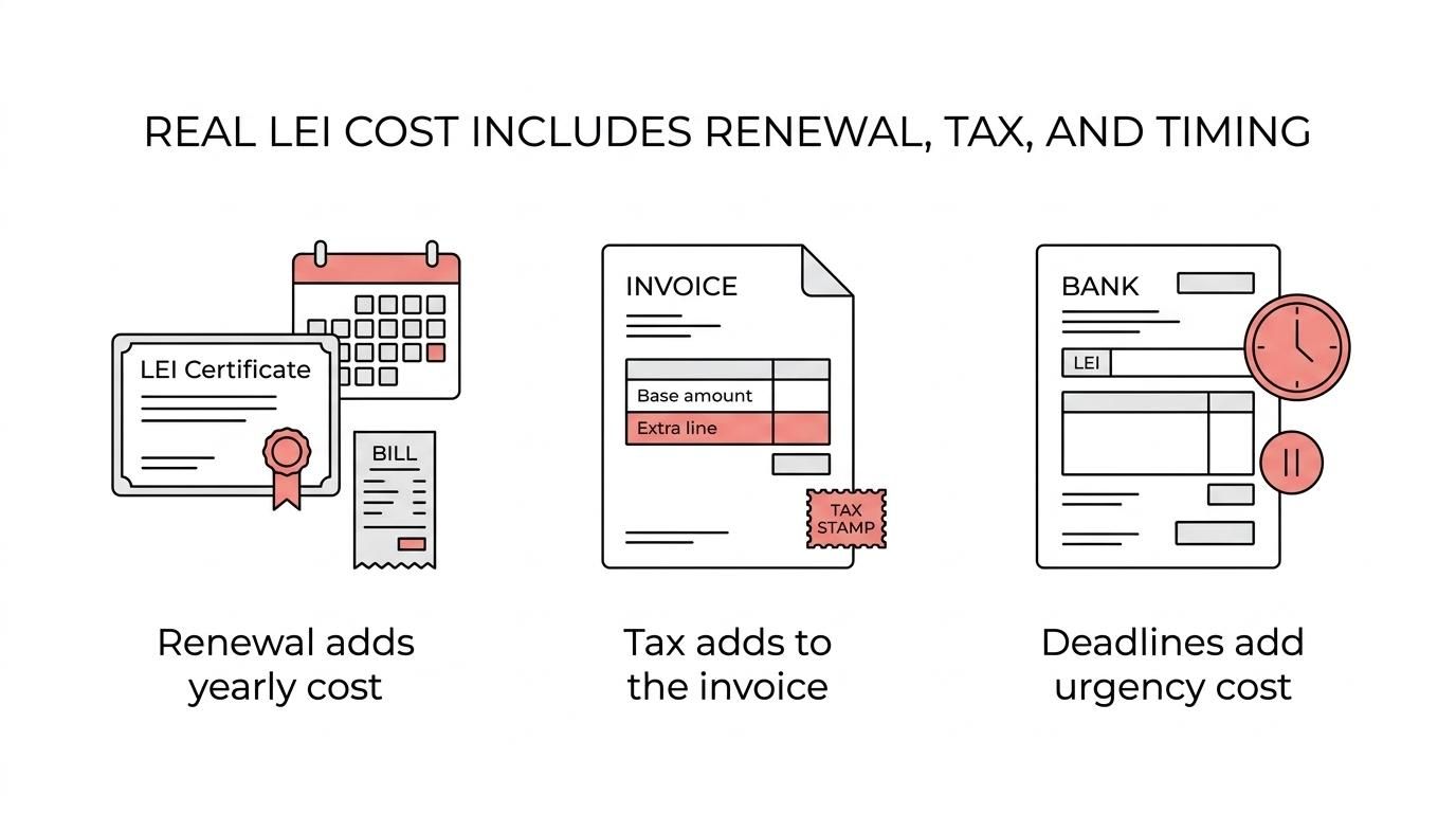 Six labeled LEI cost factors: renewal, tax, timing, GLEIF and LOU charges, borrowing-threshold compliance, and large-payment risk.