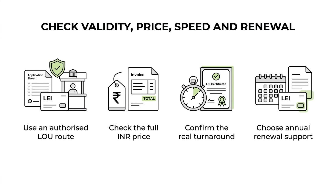 Infographic with four LEI service checks: authorised LOU access, total INR price, turnaround time, and renewal or support workflow.