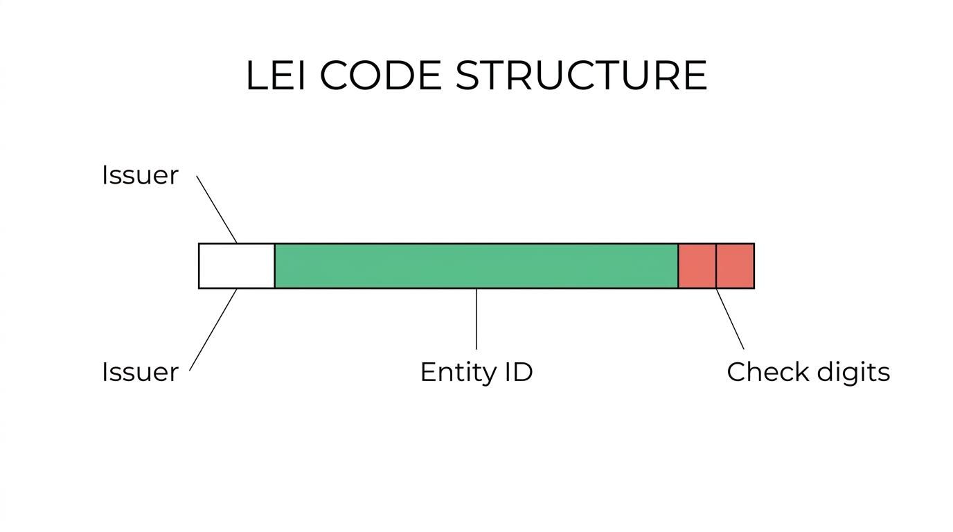 A 20-character LEI code split into labeled sections for the issuing organisation, entity-specific portion, and final check digits.