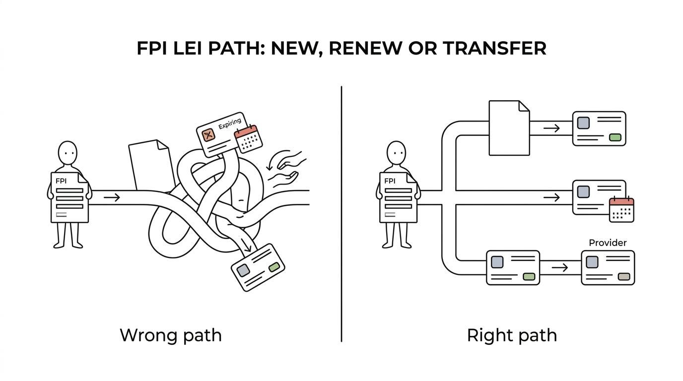 Side-by-side comparison of new LEI registration, LEI renewal, and LEI transfer options for non-individual FPIs in India.