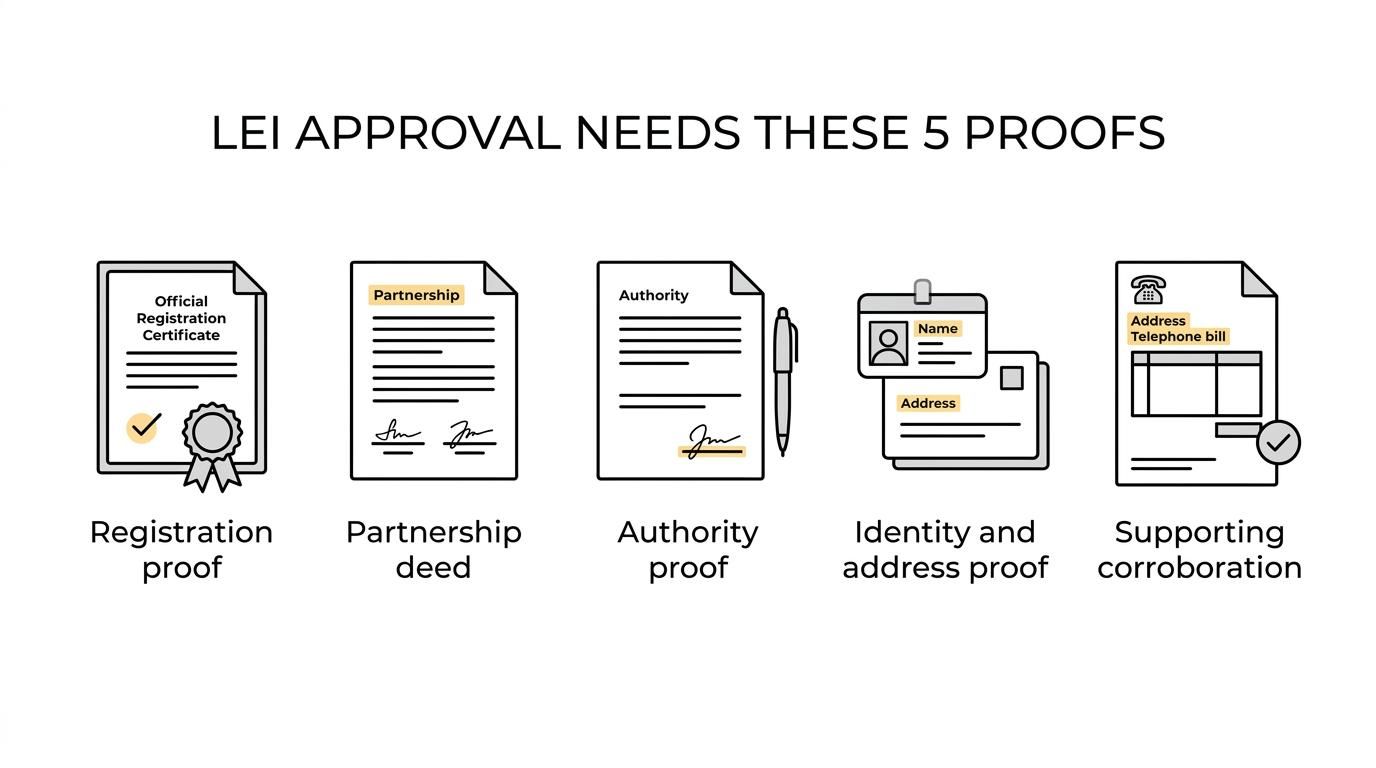 Visual showing two LEI validation tracks for an Indian partnership firm and the main required documents: registration proof, partnership deed, authority proof, identity and address documents, and supporting corroboration.