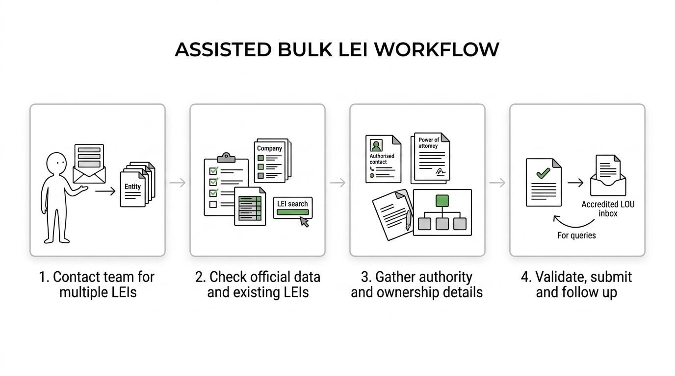 Four-step flow for bulk LEI registration: contact LEI Service, verify each entity, collect authority and ownership details, then validate and submit to an accredited LOU.