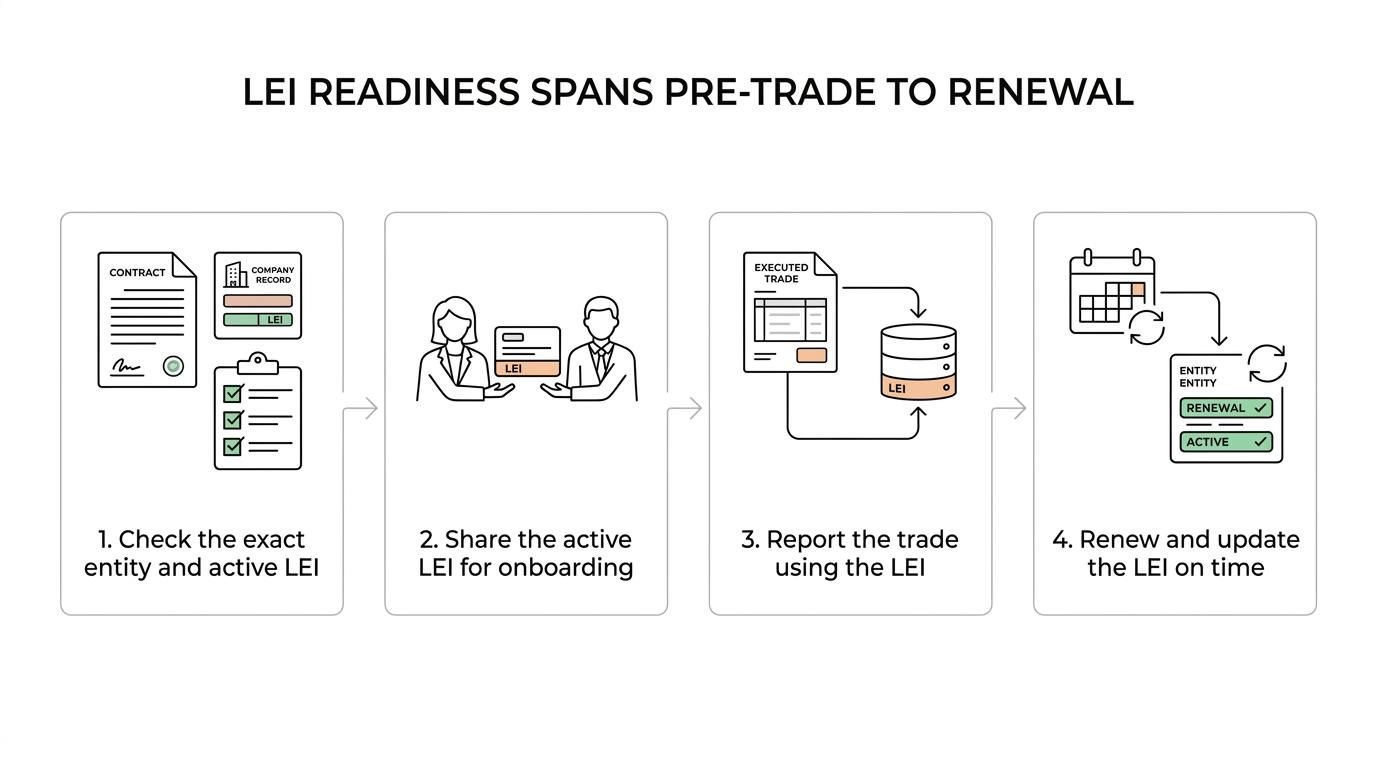 A step-by-step flow showing LEI checks for OTC derivatives in India: eligibility, counterparty onboarding, trade reporting to CCIL, and annual renewal.