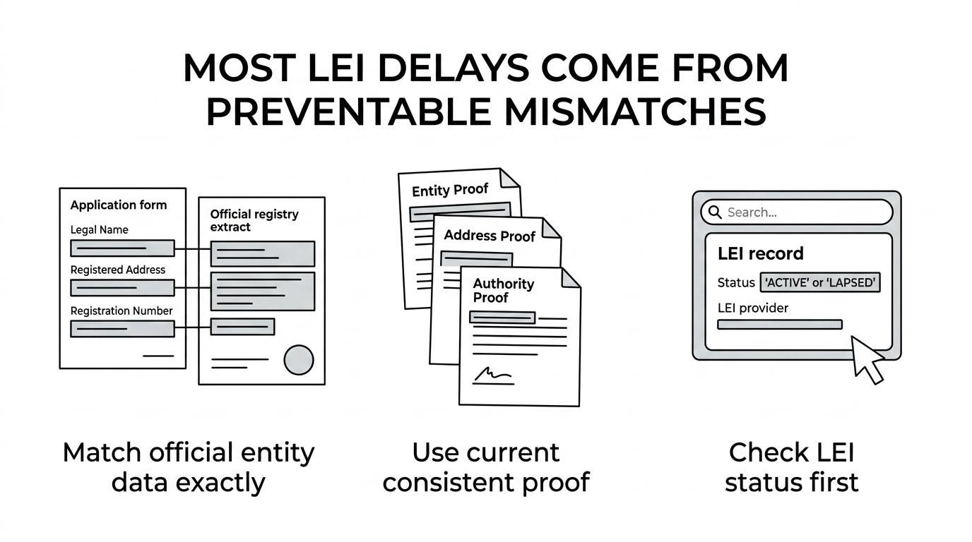 Visual showing the main LEI validation checkpoints: exact legal name and address, correct registration number, valid authority proof, current documents, technical formatting, and LEI status check.