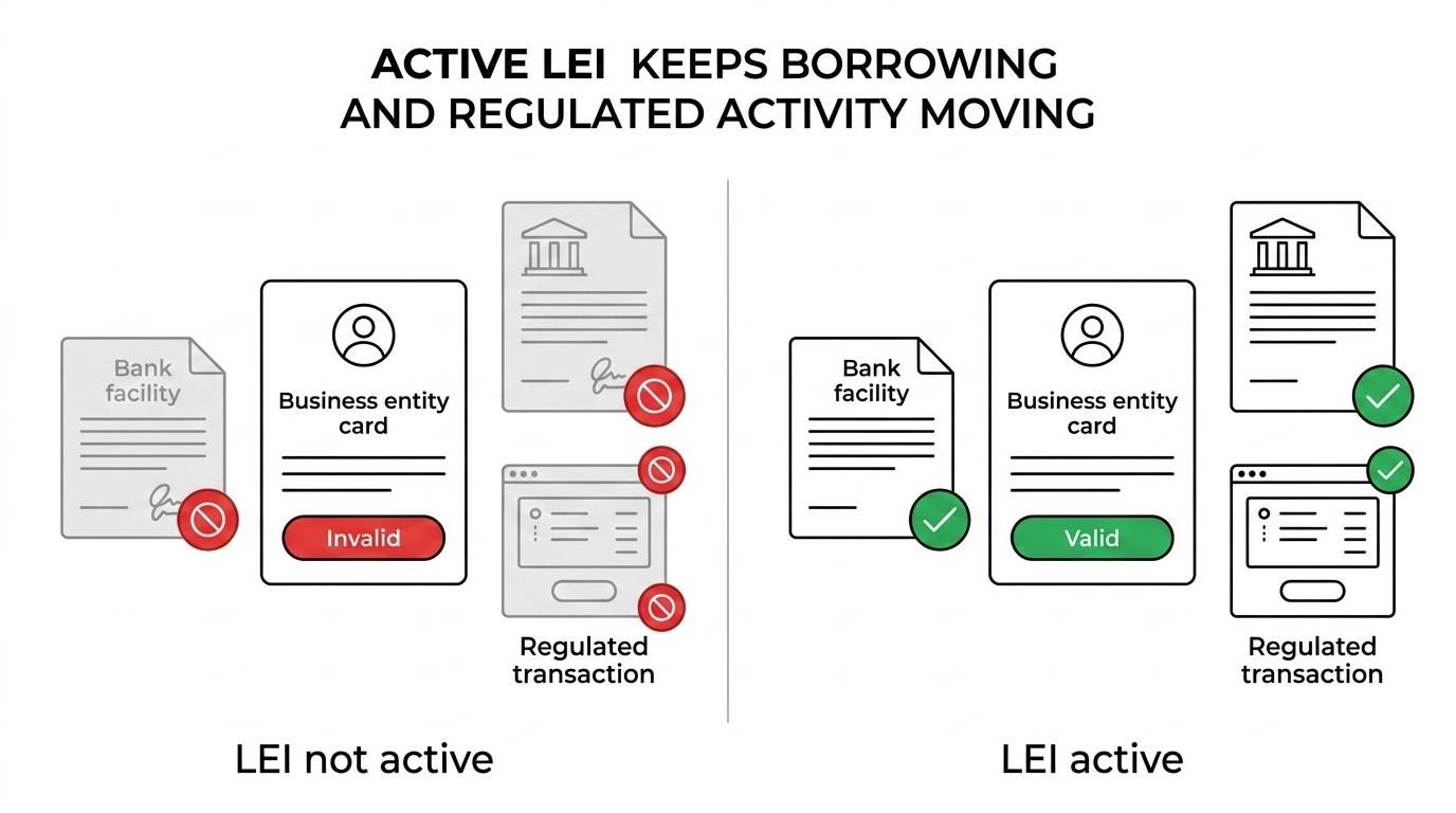 Side-by-side comparison of an Indian business with an active LEI able to renew credit and complete regulated transactions versus a business with no or lapsed LEI facing blocked borrowing and compliance delays.