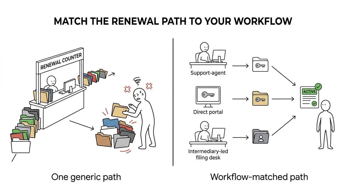 Side-by-side comparison of LEI renewal service paths in India: registration agent, direct LOU portal, and intermediary-assisted workflow, showing who each option suits best.