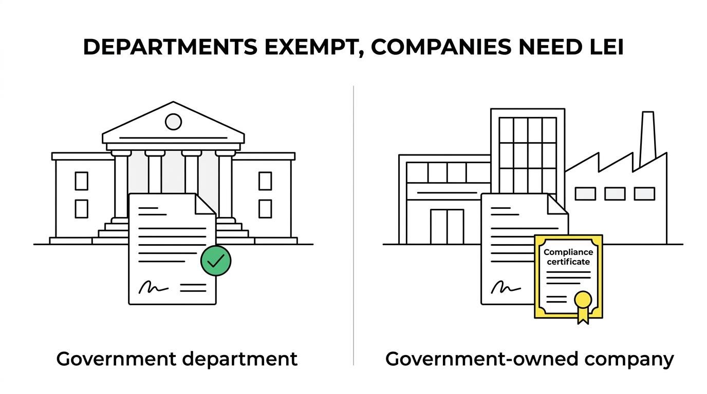 Side-by-side comparison showing exempt government ministries and departments versus non-exempt government-owned corporations and undertakings that need an LEI.