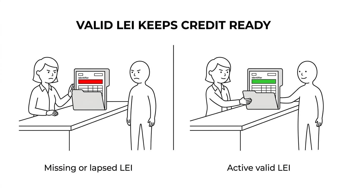Side-by-side comparison of a borrower with an active LEI moving smoothly through bank renewal and reporting versus a borrower with a missing or lapsed LEI facing delays and blocked credit enhancement.