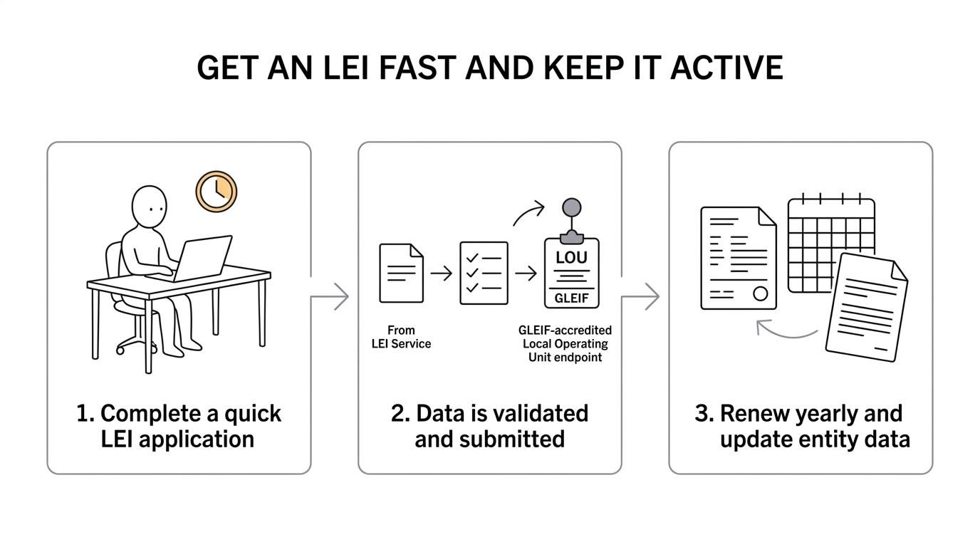 A step-by-step workflow showing an LEI trigger, one-minute application, data validation, quick issuance, and annual renewal support.