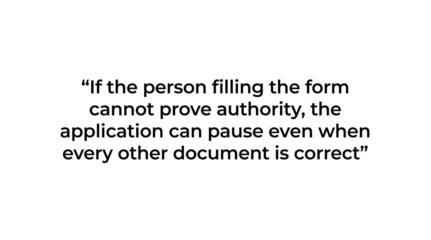 A highlighted pull quote stating that lack of authority proof can pause an otherwise correct LEI application.