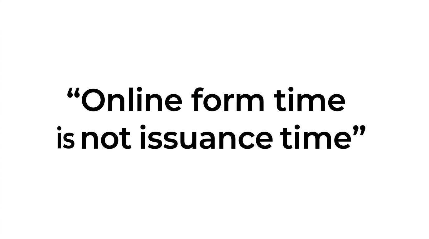Highlighted quote stating that the online application takes about 1 minute, while validation usually runs 1 to 48 hours.