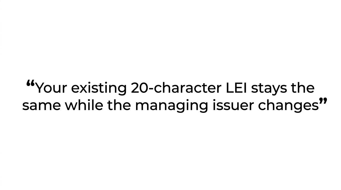 Highlighted quote stating that LEI Service changes the managing issuer while keeping the same 20-character LEI code attached to the entity.