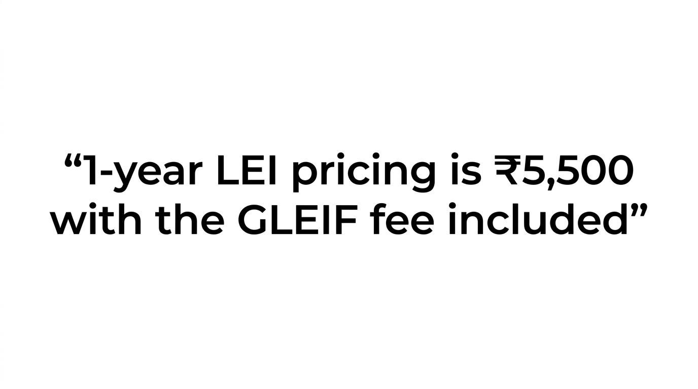 A highlighted quote stating that 1-year LEI pricing is ₹5,500 in INR with the GLEIF fee included.