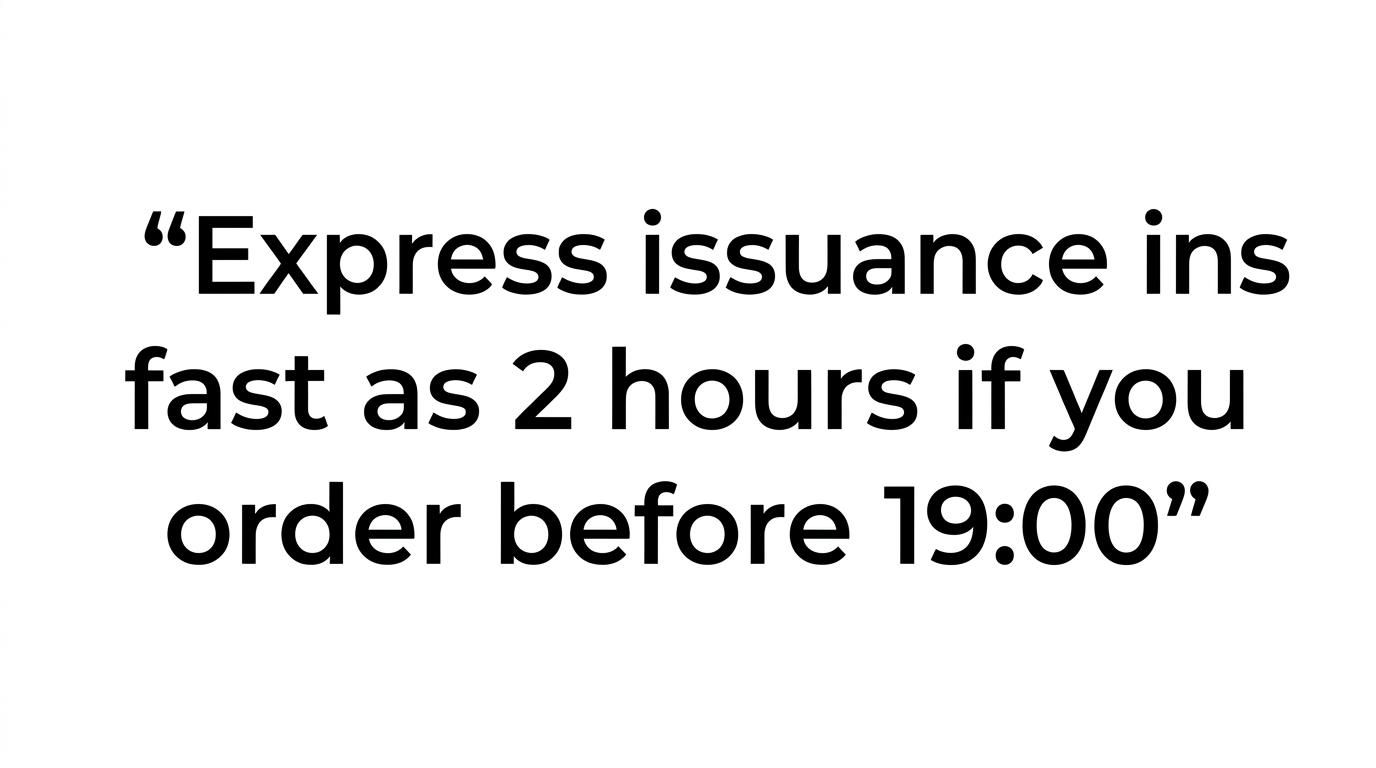 Highlighted quote stating that express LEI issuance can be as fast as 2 hours if ordered before 19:00.