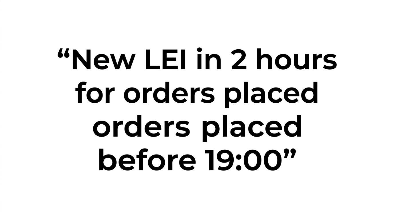 Highlighted quote stating that LEI Service advertises a 1-minute application and a new LEI in 2 hours for orders placed before 19:00.
